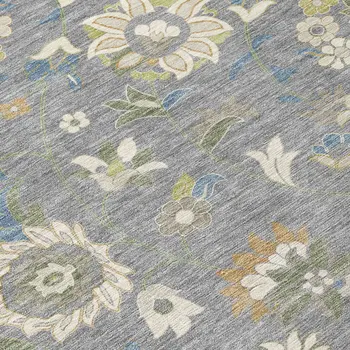 9' X 12' Gray Blue And Green Floral Washable Indoor Outdoor Area Rug