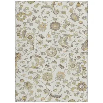 3' X 5' Ivory Brown And Green Floral Washable Indoor Outdoor Area Rug