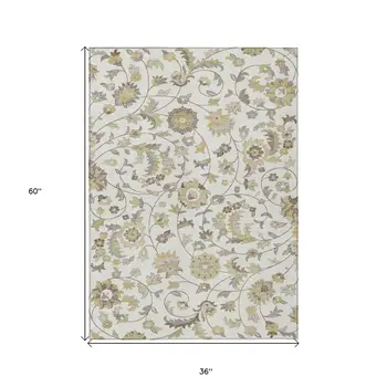 3' X 5' Ivory Brown And Green Floral Washable Indoor Outdoor Area Rug