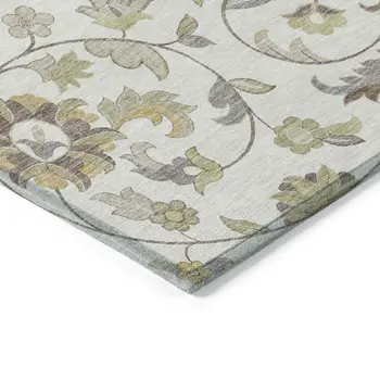 3' X 5' Ivory Brown And Green Floral Washable Indoor Outdoor Area Rug