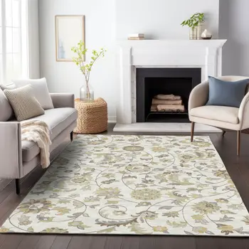 3' X 5' Ivory Brown And Green Floral Washable Indoor Outdoor Area Rug