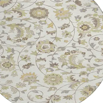 8' Ivory Brown And Green Round Floral Washable Indoor Outdoor Area Rug
