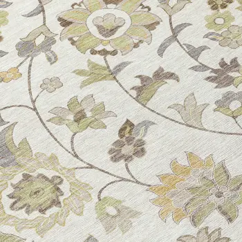 8' Ivory Brown And Green Round Floral Washable Indoor Outdoor Area Rug