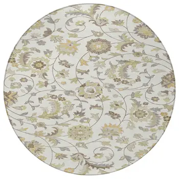8' Ivory Brown And Green Round Floral Washable Indoor Outdoor Area Rug