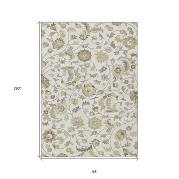 8' X 10' Ivory Brown And Green Floral Washable Indoor Outdoor Area Rug