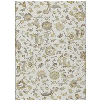 8' X 10' Ivory Brown And Green Floral Washable Indoor Outdoor Area Rug