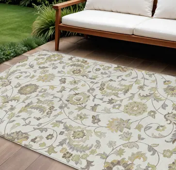 10' X 14' Ivory Brown And Green Floral Washable Indoor Outdoor Area Rug