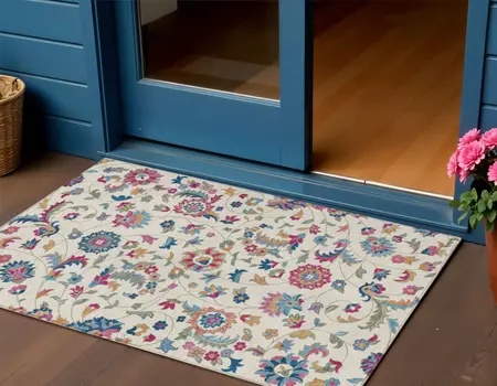 3' X 5' Linen Pink And Denim Blue Floral Washable Indoor Outdoor Area Rug