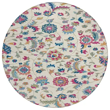 8' Linen Pink And Denim Blue Round Floral Washable Indoor Outdoor Area Rug