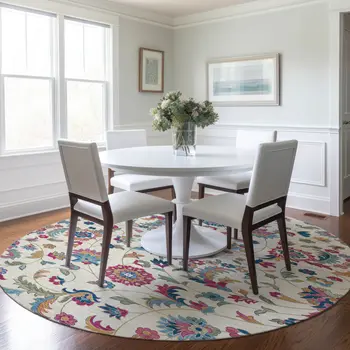 8' Linen Pink And Denim Blue Round Floral Washable Indoor Outdoor Area Rug