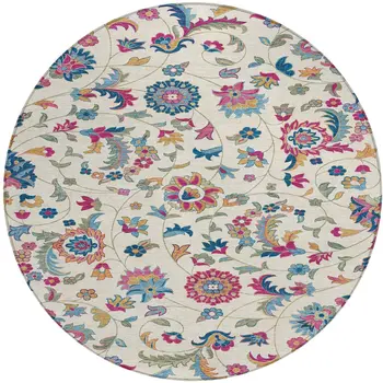 8' Linen Pink And Denim Blue Round Floral Washable Indoor Outdoor Area Rug