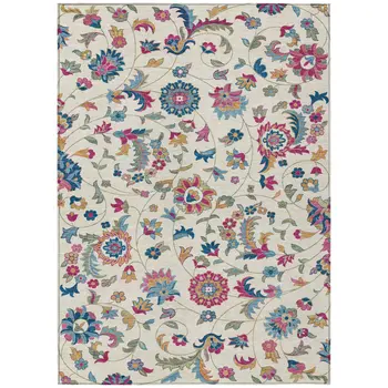 8' X 10' Linen Pink And Denim Blue Floral Washable Indoor Outdoor Area Rug