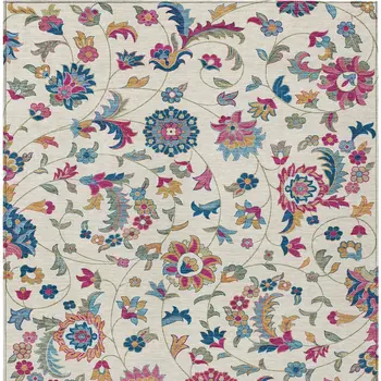 8' X 10' Linen Pink And Denim Blue Floral Washable Indoor Outdoor Area Rug