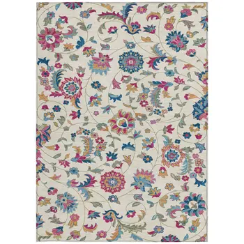 10' X 14' Linen Pink And Denim Blue Floral Washable Indoor Outdoor Area Rug