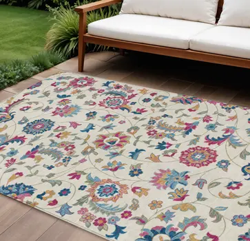 10' X 14' Linen Pink And Denim Blue Floral Washable Indoor Outdoor Area Rug