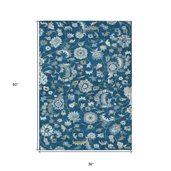 3' X 5' Navy Blue Ivory And Gray Floral Washable Indoor Outdoor Area Rug
