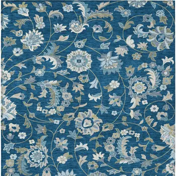 3' X 5' Navy Blue Ivory And Gray Floral Washable Indoor Outdoor Area Rug