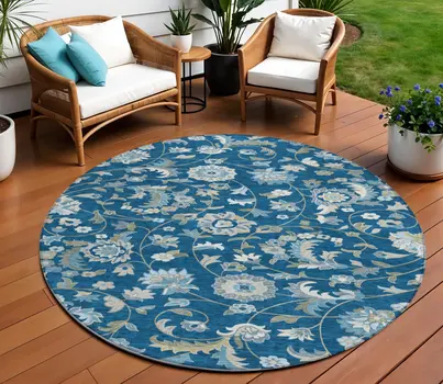 8' Navy Blue Ivory And Gray Round Floral Washable Indoor Outdoor Area Rug