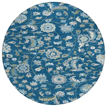 8' Navy Blue Ivory And Gray Round Floral Washable Indoor Outdoor Area Rug