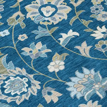 8' Navy Blue Ivory And Gray Round Floral Washable Indoor Outdoor Area Rug