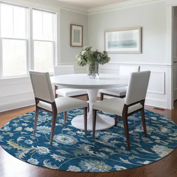 8' Navy Blue Ivory And Gray Round Floral Washable Indoor Outdoor Area Rug
