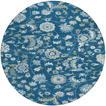 8' Navy Blue Ivory And Gray Round Floral Washable Indoor Outdoor Area Rug