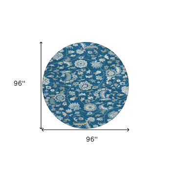 8' Navy Blue Ivory And Gray Round Floral Washable Indoor Outdoor Area Rug