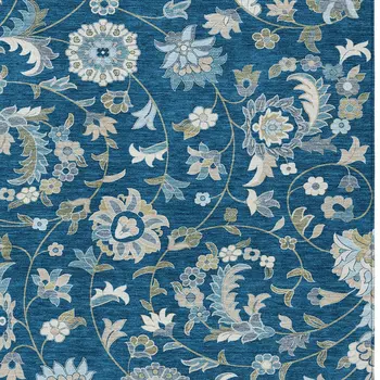 8' X 10' Navy Blue Ivory And Gray Floral Washable Indoor Outdoor Area Rug