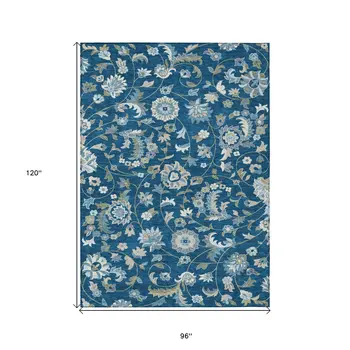 8' X 10' Navy Blue Ivory And Gray Floral Washable Indoor Outdoor Area Rug