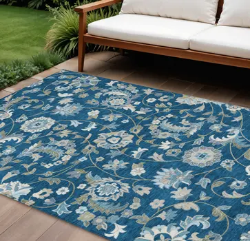 8' X 10' Navy Blue Ivory And Gray Floral Washable Indoor Outdoor Area Rug