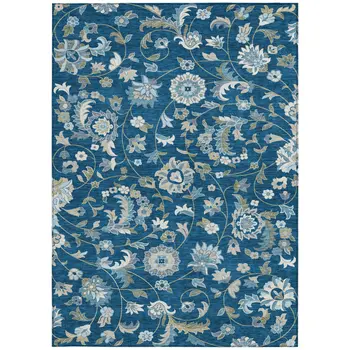 9' X 12' Navy Blue Ivory And Gray Floral Washable Indoor Outdoor Area Rug