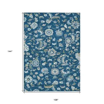 9' X 12' Navy Blue Ivory And Gray Floral Washable Indoor Outdoor Area Rug