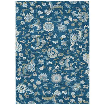 9' X 12' Navy Blue Ivory And Gray Floral Washable Indoor Outdoor Area Rug
