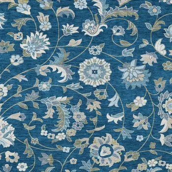 10' X 14' Navy Blue Ivory And Gray Floral Washable Indoor Outdoor Area Rug