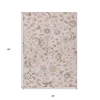 3' X 5' Pink Green And Gray Floral Washable Indoor Outdoor Area Rug