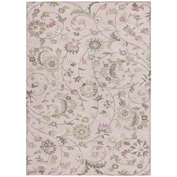 5' X 8' Pink Green And Gray Floral Washable Indoor Outdoor Area Rug