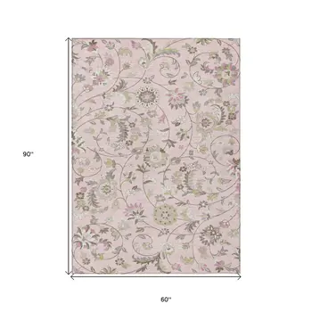 5' X 8' Pink Green And Gray Floral Washable Indoor Outdoor Area Rug