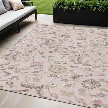 5' X 8' Pink Green And Gray Floral Washable Indoor Outdoor Area Rug