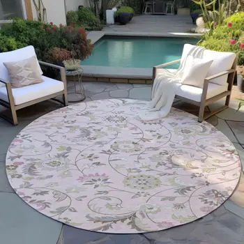 8' Pink Green And Gray Round Floral Washable Indoor Outdoor Area Rug