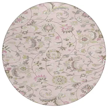 8' Pink Green And Gray Round Floral Washable Indoor Outdoor Area Rug