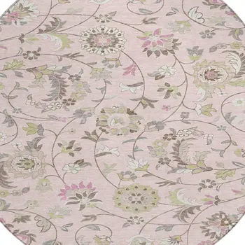 8' Pink Green And Gray Round Floral Washable Indoor Outdoor Area Rug