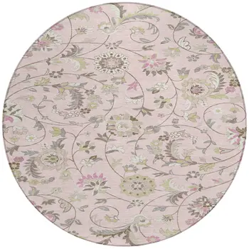 8' Pink Green And Gray Round Floral Washable Indoor Outdoor Area Rug