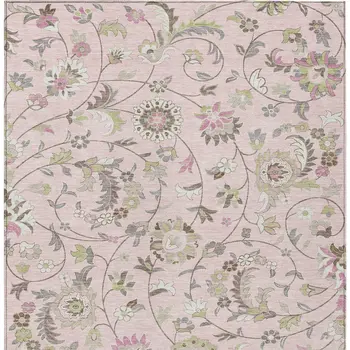 9' X 12' Pink Green And Gray Floral Washable Indoor Outdoor Area Rug