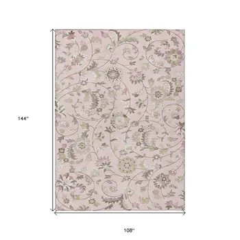 9' X 12' Pink Green And Gray Floral Washable Indoor Outdoor Area Rug