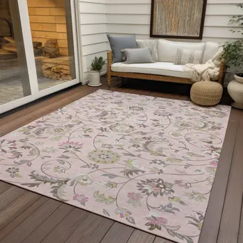 9' X 12' Pink Green And Gray Floral Washable Indoor Outdoor Area Rug