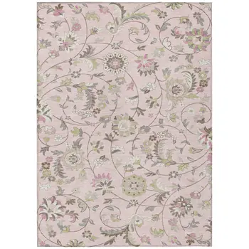 9' X 12' Pink Green And Gray Floral Washable Indoor Outdoor Area Rug
