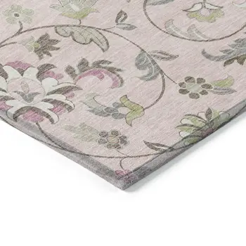 9' X 12' Pink Green And Gray Floral Washable Indoor Outdoor Area Rug