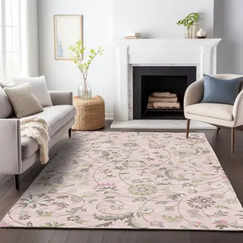 9' X 12' Pink Green And Gray Floral Washable Indoor Outdoor Area Rug