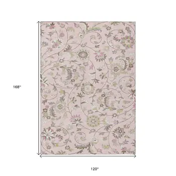 10' X 14' Pink Green And Gray Floral Washable Indoor Outdoor Area Rug