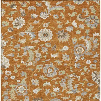 3' X 5' Copper Green And Gray Floral Washable Indoor Outdoor Area Rug